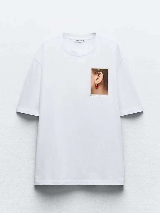 Zara Tops - Zara graphic logo Sophia cotton white crew neck t-shirt sz.M